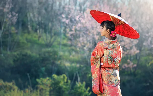 Mujer asiática usando kimono japonés tradicional — Foto de Stock