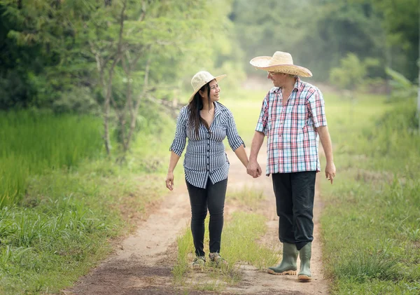 Casal sênior feliz fazendo uma caminhada no campo de verão — Fotografia de Stock