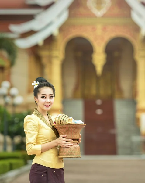 Laos girls beautiful on National dress at temple — Stock Photo, Image