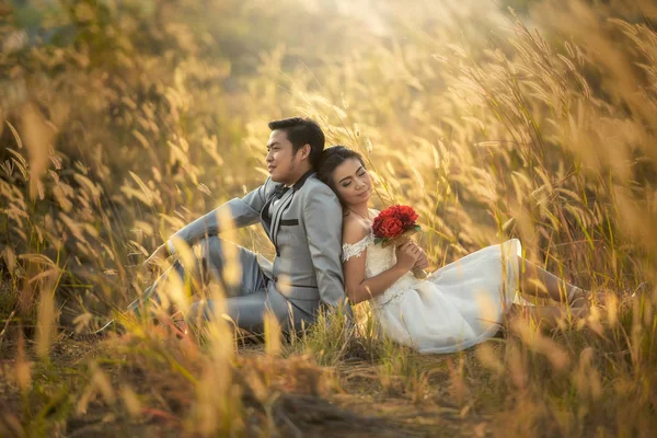 Apenas casado amoroso casal hipster em vestido de noiva e terno em campo ao pôr do sol — Fotografia de Stock