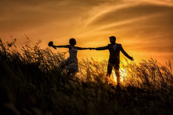 Just married loving hipster couple in wedding dress and suit on the field — Stock Photo, Image