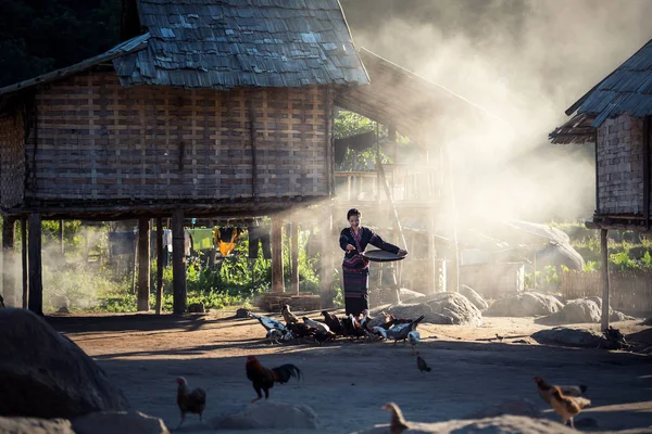 Chicas asiáticas alimentando pollos en el campo de Laos — Foto de Stock