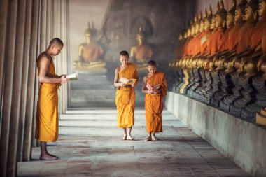 Tayland 'ın Ayutthaya ilindeki manastırda kitap okuyan keşişler.