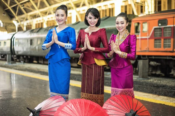 Asian Women Welcome Sawasdee Traditional Costume Travel Concept — Stock Photo, Image