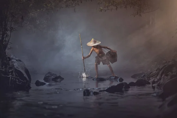 Asian Boy Fishing Creek Thailand Countryside — Stock Photo, Image