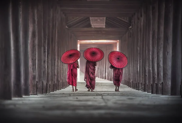 Baksidan Tre Buddhistiska Nybörjare Går Pagoda Myanmar — Stockfoto