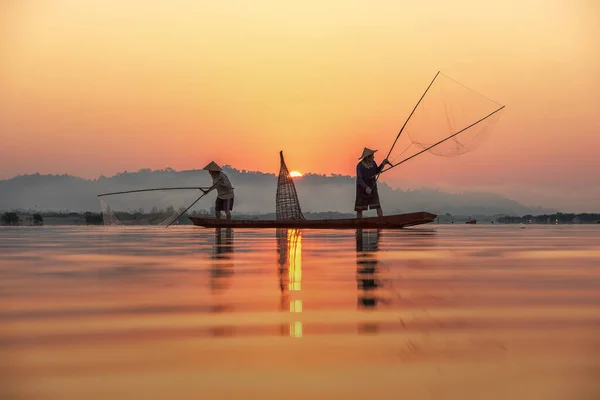 Fisherman Sunrise Background Thailand Countryside — Stock Photo, Image