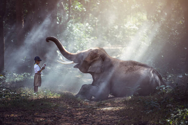 Students in rural Thailand Reading books with elephants,Surin,Thailand.