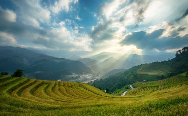 Pirinç tarlaları üzerinde Mu Cang Chai, Yenbai, Vietnam Teras. Vietnam manzaralar.