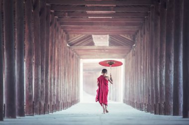 Acemi keşişler antik tapınakta yürüyen Bagan Myanmar, antik tapınakta yürüyen çocuk keşişler, genç keşiş Myanmar Bagan Myanmar Budist küçük keşiş, Myanmar.