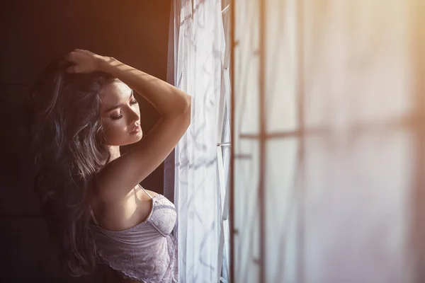 Portrait Sexy Women Underwear Window Relaxing Window — Stock Photo, Image