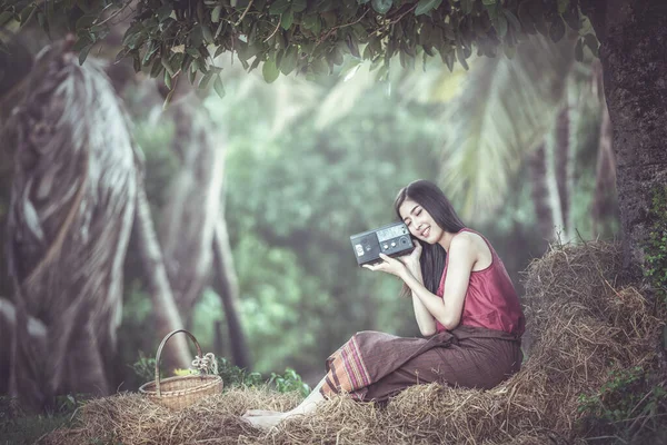 Woman Listening Radio Countryside Thailand — Stock Photo, Image