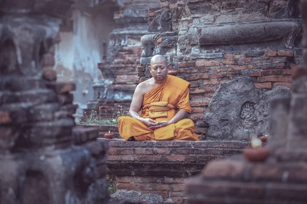 Asien Munk Vipassana För Meditation Vid Gamla Templet Thailand — Stockfoto