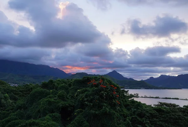 Günbatımının Renkleri Windward Oahu Hawaii Nin Tropikal Manzarasını Aydınlatır — Stok fotoğraf