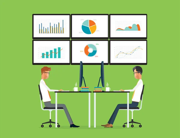 Flache Vektor Geschäft Leute Graph Analysebericht Monitor Dashboard und funktionierende Geschäftskonzept — Stockvektor