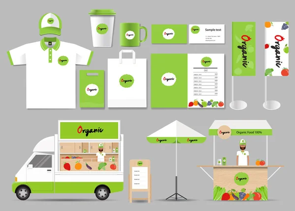 Makanan organik brading identitas mock up template dengan logo desain - Stok Vektor