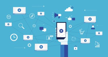 video pazarlama içerik çevrimiçi kavramı ve dijital pazarlama içerik ve sosyal ağ bağlantısı