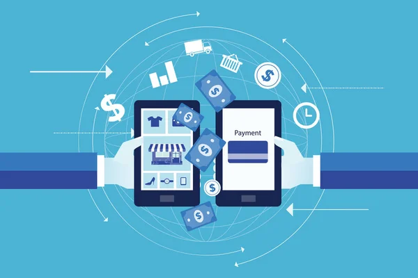 Üzleti online fizetés, a mobil készülék és az online vásárlás koncepció — Stock Vector