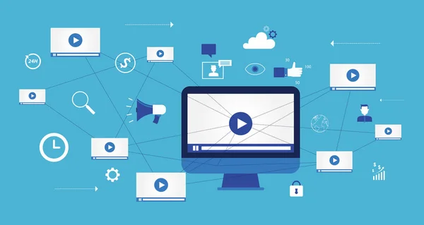 Video innehåll online marknadsföringskoncept och digital marknadsföring innehåll och sociala nätverksanslutning — Stock vektor
