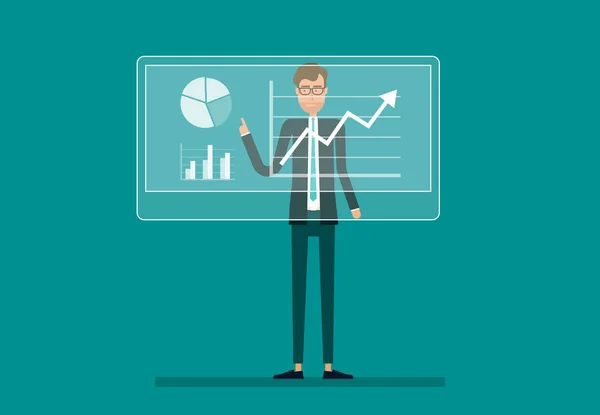 Geschäftsmann analysieren auf Finanzbericht Diagramm Gewinnwachstum mit Infografik Diagramm auf Monitor — Stockvektor