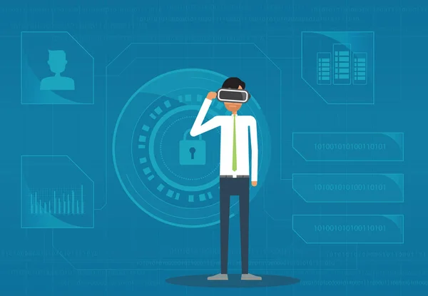 Работает бизнесмен в очках виртуальной реальности. Концепция vr технологии . — стоковый вектор