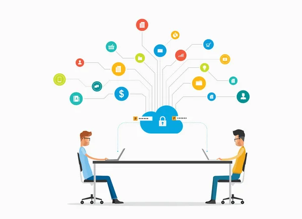 Zakelijke communicatie en werken op cloud netwerk concept — Stockvector
