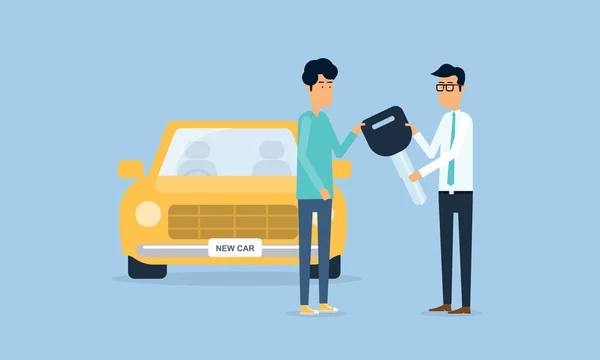 Vendedor e entregar o carro com caráter de desenho animado plano —  Vetores de Stock