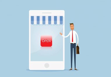 düz vektör açık online mağaza alışveriş ve iş mobil ticaret