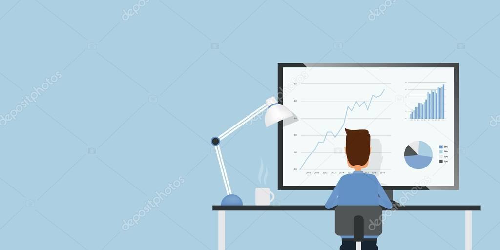 flat businessman analyze finance and investment graph report monitor