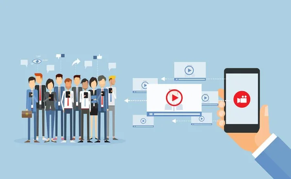 Platte vector business video marketing online-inhoud en video delen op mobiele telefoon — Stockvector