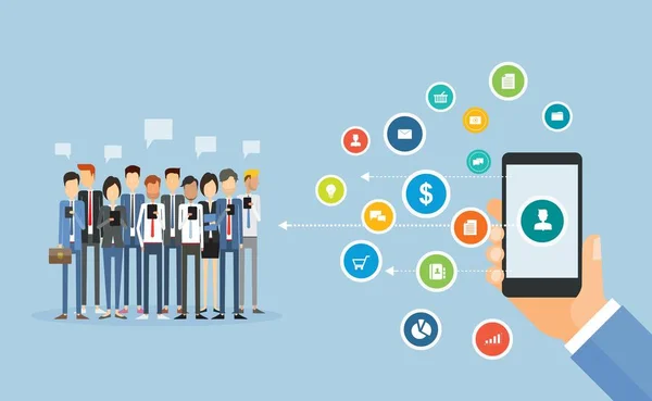 フラット ビジネス モバイル マーケティングのオンライン コンテンツの概念と社会的なネットワーク接続 — ストックベクタ