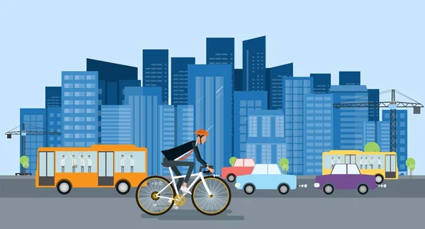 Плаский дизайн бізнесмен їзда на велосипеді йде на роботу та енергозбереження — стоковий вектор