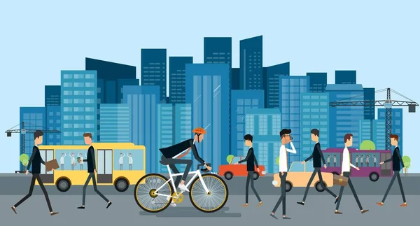Om de afaceri plat cu bicicleta pe drum merge la locul de muncă în urban cu oameni de afaceri — Vector de stoc