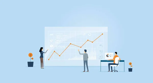 Graphique analytique des gens d'affaires sur moniteur et équipe d'affaires de personnes travaillant — Image vectorielle