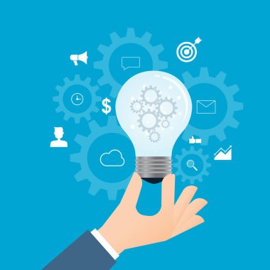 düz iş yaratıcı süreci ve yaratıcı düşünme kavramı iş el ile ampul tutun