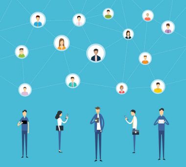 sosyal ağ bağlantısı ve dijital pazarlama online kavramı üzerinde düz iş online iletişim
