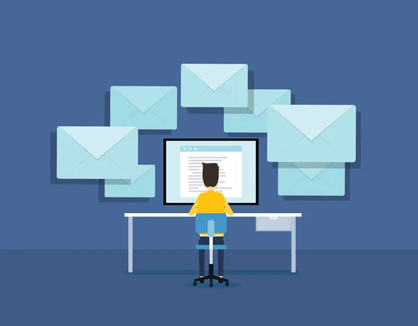 Concepto Email Marketing Negocios Planos Con Hombre Negocios Trabajando Monitor — Vector de stock