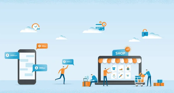 Set Platte Illustratie Ontwerp Sociale Conversatie Handel Voor Online Winkelen — Stockvector
