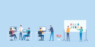 Düz vektör iş ekibi çalışıyor ve proje işbirliği süreci toplantısı kavramı