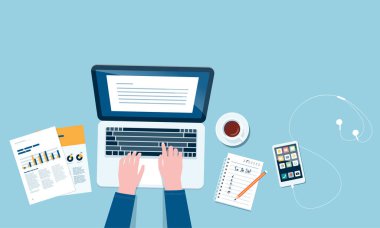 ev işyeri konseptinden düz vektör çalışması ve iş zekası herhangi bir yerde online bağlantı konsepti üzerinde çalışıyor
