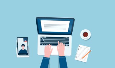 ev işyeri konseptinden düz vektör çalışması ve iş zekası herhangi bir yerde online bağlantı konsepti üzerinde çalışıyor