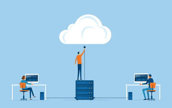 Vecteur Plat Technologie Entreprise Stockage Cloud Connecter Concept Avec Administrateur — Image vectorielle