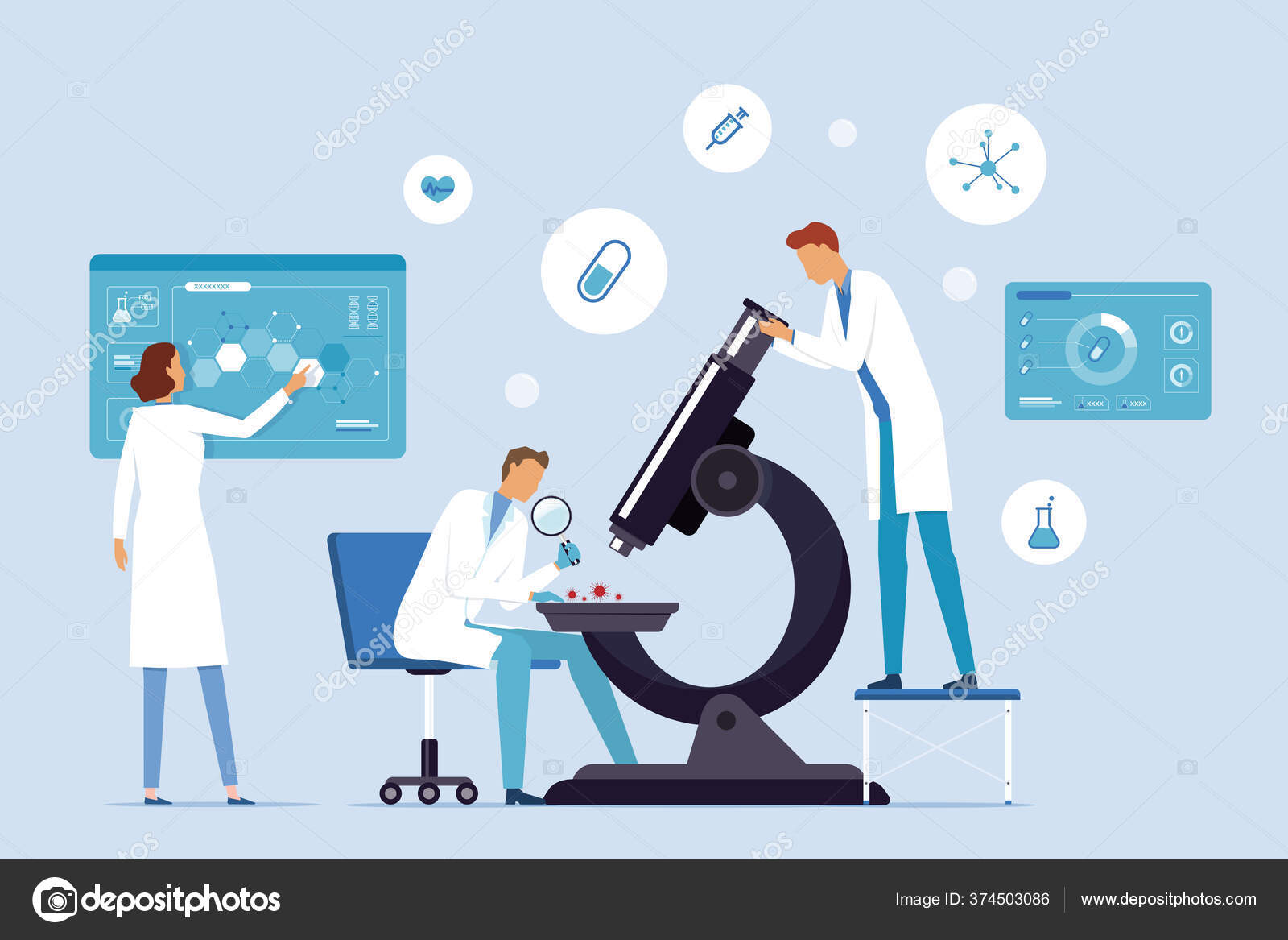 フラットイラスト 医学チームと科学者らはウイルス医学ワクチンコンセプト研究室で研究しています ストックベクター C Tcdesign