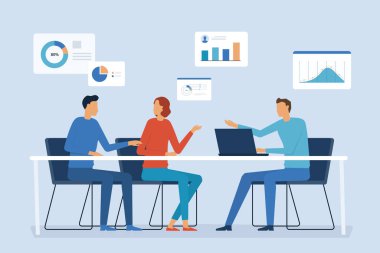 Düz vektör işletme finans ekibi toplantısı ve rapor grafik kavramı ile çalışma 