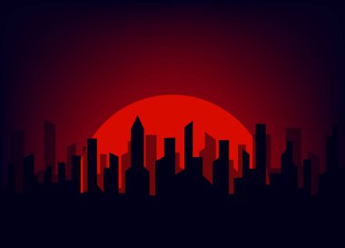 Önünde binalar ve yüksek binalarla gün batımı zamanı. Günbatımlı gökdelen arkada..