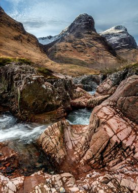 Coe Nehri kışın Glen Coe 'dan akar. Arka planda 
