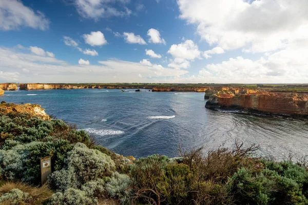 Bahía de los Mártires. Atracción turística en Great Ocean Road. Formación de rocas en el océano. Primer plano con arbustos. Australia paisaje. Victoria, Australia — Foto de Stock