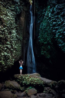 Kayanın üzerinde durmuş yoga yapan bir kadın. Şelale yakınlarında namaste Mudra ile kol kaldıran genç bir kadın. Leke Leke Şelalesi, Bali. Arkadan görüntüle.