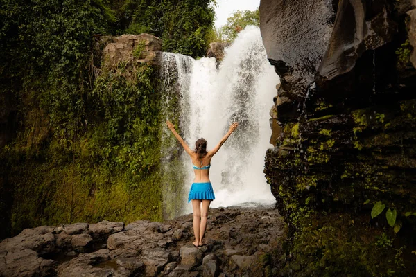 Young Traveler Woman Wearing Swimsuit Waterfall Excited Caucasian Woman Raising Stock Photo