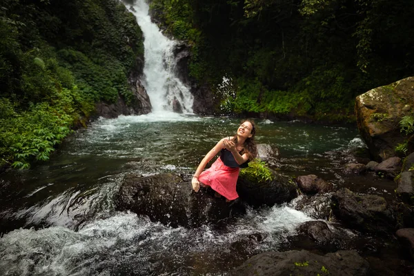 Happy Caucasian Woman Sitting Rock Playing Water River Waterfall Travel Stock Image